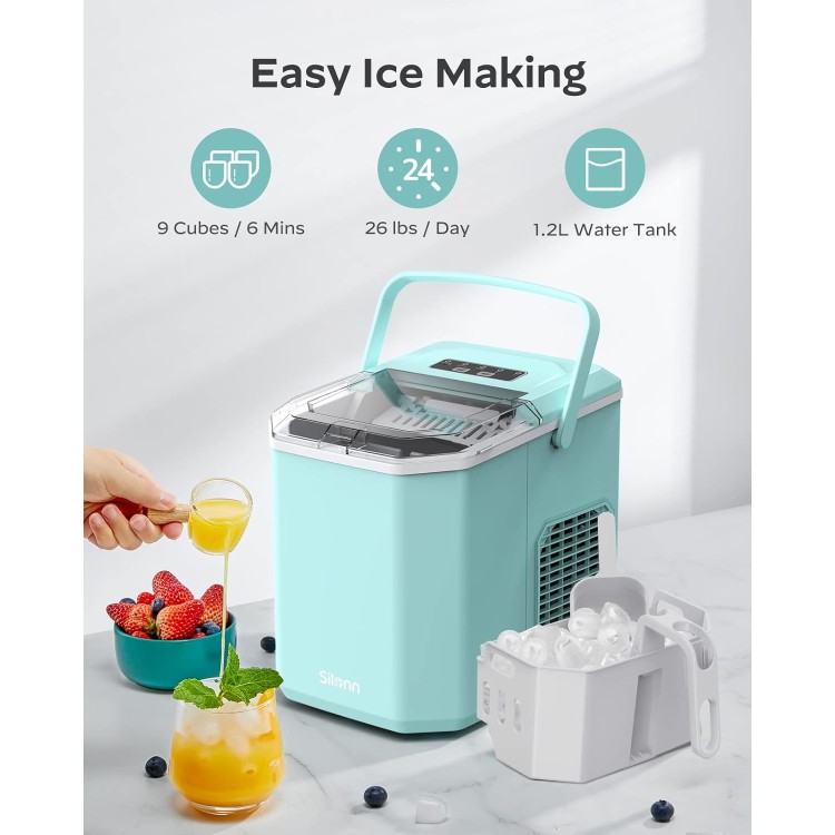 Silonn Ice Maker Countertop, Portable Ice Machine with Carry Handle, Self-Cleaning Ice Makers with Basket and Scoop, 9 Cubes in 6 Mins, 26 lbs per Day, Ideal for Home, Kitchen, Camping, RV