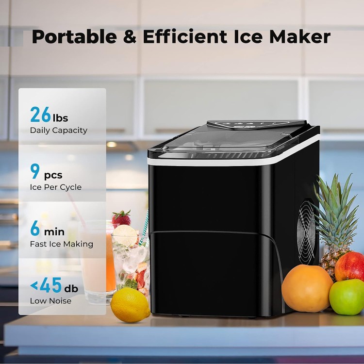 Ice Makers Countertop, Self-Cleaning Function, Portable Electric Ice Cube Maker Machine, 9 Bullet Ice Ready in 6 Mins, 26lbs 24Hrs with Ice Bags and Scoop Basket for Home Bar Camping RV(Black)