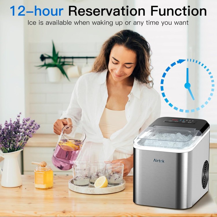 Ice Makers Countertop with Reservation, 28LBs/24H, 9 Ice Cubes Ready in 6 Mins, Self-Cleaning Ice Maker Machine with Basket and Scoop for Home, Kitchen, Camping, RV, Stainless Steel