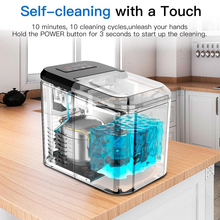 Ice Makers Countertop with Reservation, 28LBs/24H, 9 Ice Cubes Ready in 6 Mins, Self-Cleaning Ice Maker Machine with Basket and Scoop for Home, Kitchen, Camping, RV, Stainless Steel