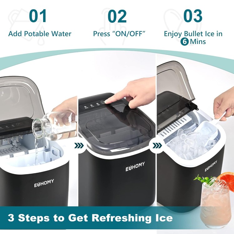 EUHOMY Countertop Ice Maker Machine with Handle, 26lbs in 24Hrs, 9 Ice Cubes Ready in 6 Mins, Auto-Cleaning Portable Ice Maker with Basket and Scoop, for Home/Kitchen/Camping/RV. (Black)