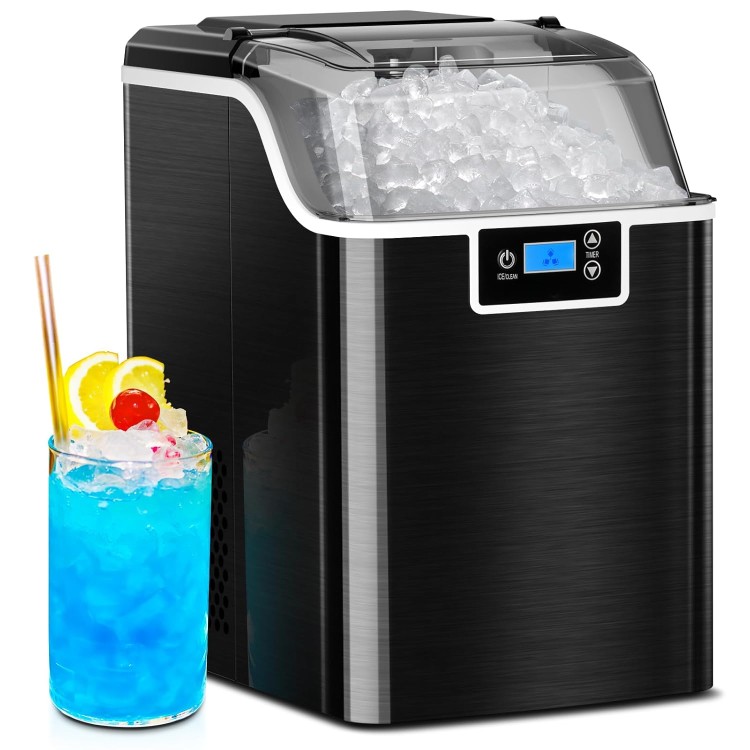 Nugget Countertop Ice Maker with Soft Chewable Pellet Ice, Self Cleaning,45lbs/Day,LED 24H Timer, with Ice Scoop and Ice Basket,Sonic Ice for Home & Kitchen Bar Party,Stainless Steel Black