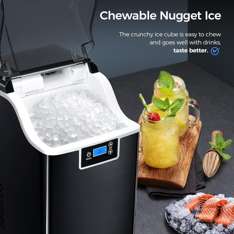 Nugget Countertop Ice Maker with Soft Chewable Pellet Ice, Self Cleaning,45lbs/Day,LED 24H Timer, with Ice Scoop and Ice Basket,Sonic Ice for Home & Kitchen Bar Party,Stainless Steel Black