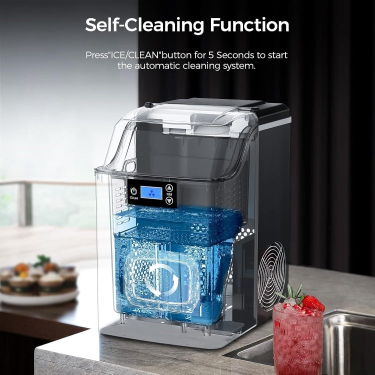 Nugget Countertop Ice Maker with Soft Chewable Pellet Ice, Self Cleaning,45lbs/Day,LED 24H Timer, with Ice Scoop and Ice Basket,Sonic Ice for Home & Kitchen Bar Party,Stainless Steel Black