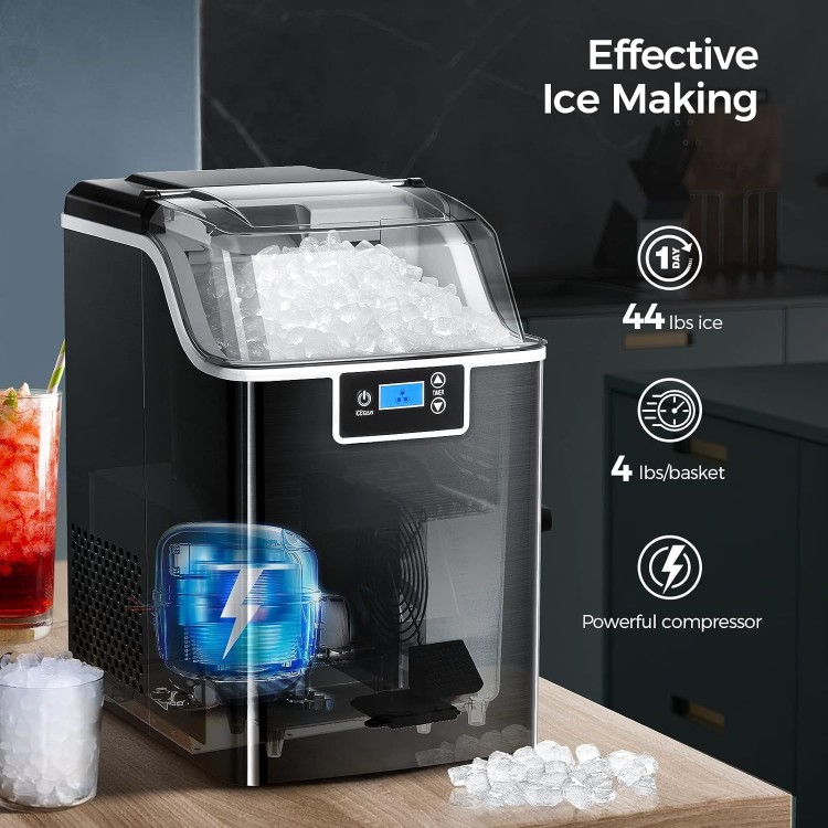 Nugget Countertop Ice Maker with Soft Chewable Pellet Ice, Self Cleaning,45lbs/Day,LED 24H Timer, with Ice Scoop and Ice Basket,Sonic Ice for Home & Kitchen Bar Party,Stainless Steel Black