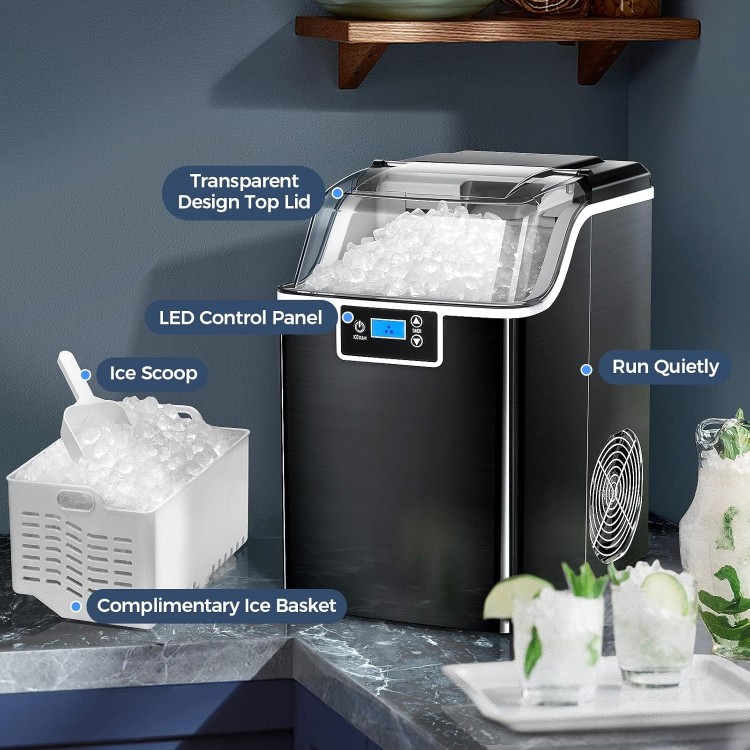 Nugget Countertop Ice Maker with Soft Chewable Pellet Ice, Self Cleaning,45lbs/Day,LED 24H Timer, with Ice Scoop and Ice Basket,Sonic Ice for Home & Kitchen Bar Party,Stainless Steel Black