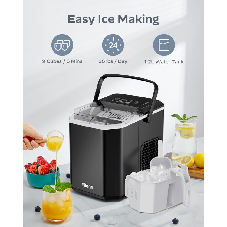 Silonn Ice Maker Countertop, Portable Ice Machine with Carry Handle, Self-Cleaning Ice Makers with Basket and Scoop, 9 Cubes in 6 Mins, 26 lbs per Day, Ideal for Home, Kitchen, Camping, RV