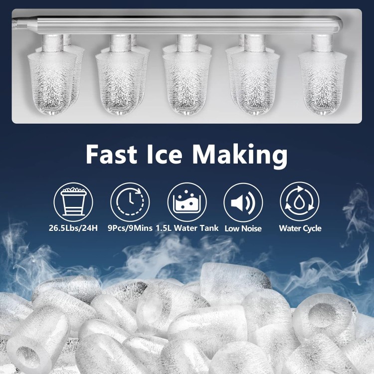 KUMIO Countertop Ice Maker, 9 Thick Bullet-Shaped Ice Ready in 6-9 Mins, 26.5 Lbs in 24Hrs, Portable Ice Maker Machine with Ice Scoop and Basket for Home/Kitchen/Party, White