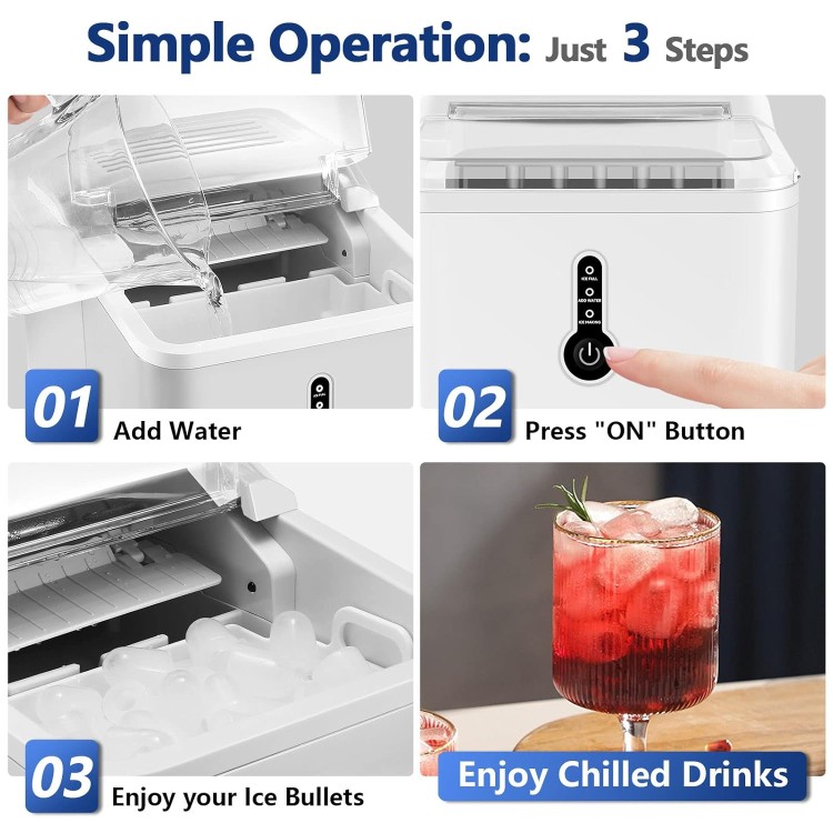 KUMIO Countertop Ice Maker, 9 Thick Bullet-Shaped Ice Ready in 6-9 Mins, 26.5 Lbs in 24Hrs, Portable Ice Maker Machine with Ice Scoop and Basket for Home/Kitchen/Party, White