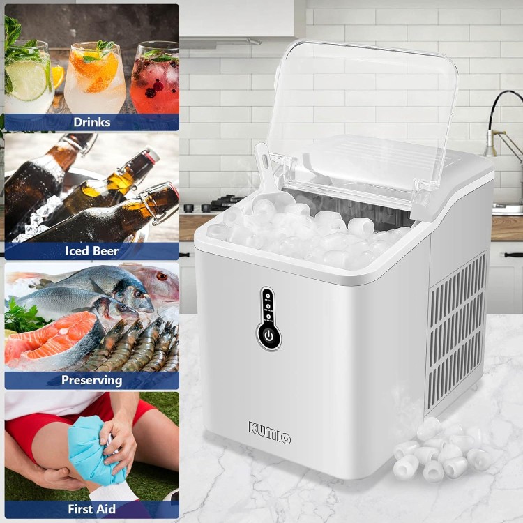 KUMIO Countertop Ice Maker, 9 Thick Bullet-Shaped Ice Ready in 6-9 Mins, 26.5 Lbs in 24Hrs, Portable Ice Maker Machine with Ice Scoop and Basket for Home/Kitchen/Party, White