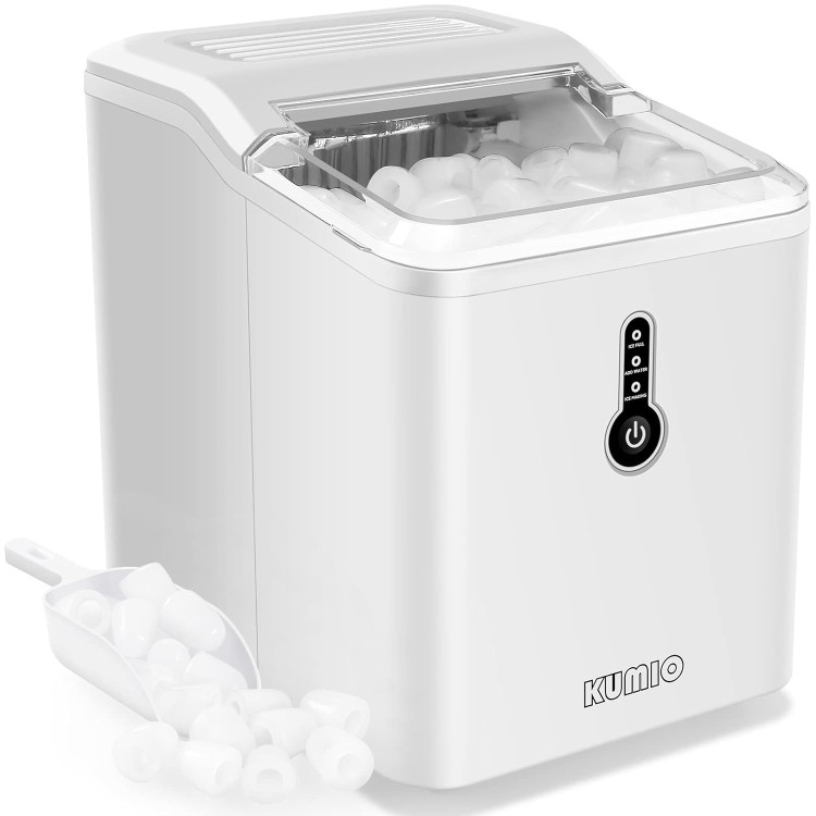 KUMIO Countertop Ice Maker, 9 Thick Bullet-Shaped Ice Ready in 6-9 Mins, 26.5 Lbs in 24Hrs, Portable Ice Maker Machine with Ice Scoop and Basket for Home/Kitchen/Party, White