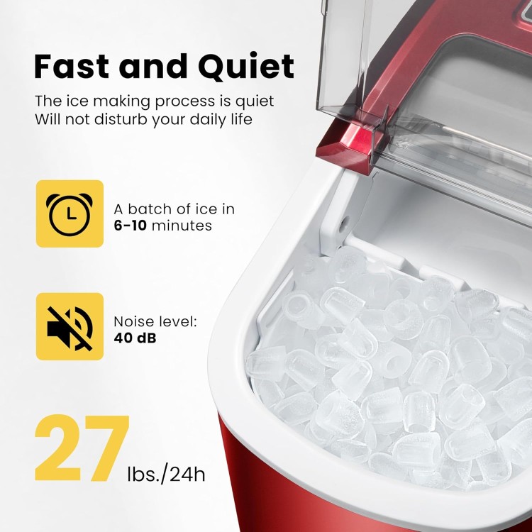 VIVOHOME Electric Portable Compact Countertop Automatic Ice Cube Maker Machine with Hand Scoop 10 Ice Bags and Self Cleaning Function 27lbs/Day Red