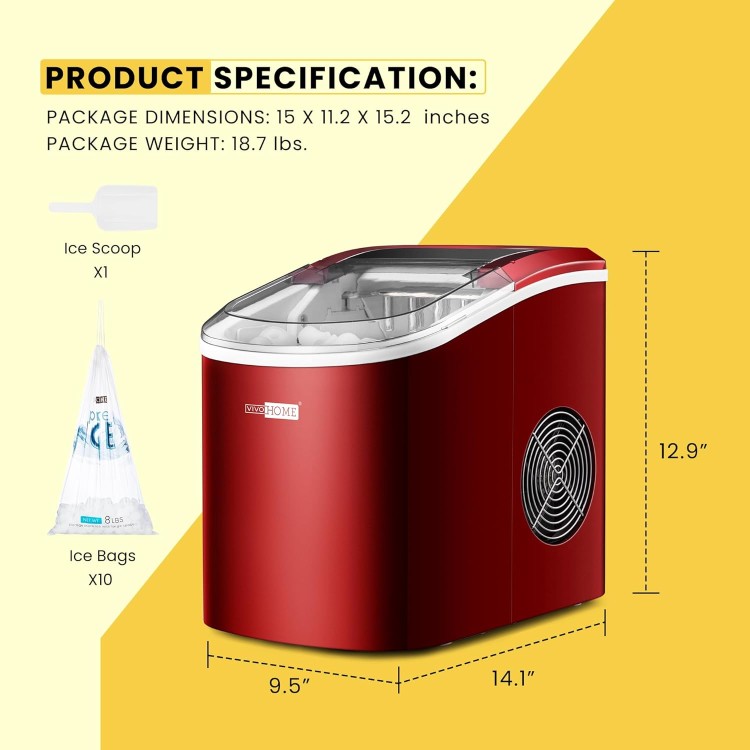 VIVOHOME Electric Portable Compact Countertop Automatic Ice Cube Maker Machine with Hand Scoop 10 Ice Bags and Self Cleaning Function 27lbs/Day Red