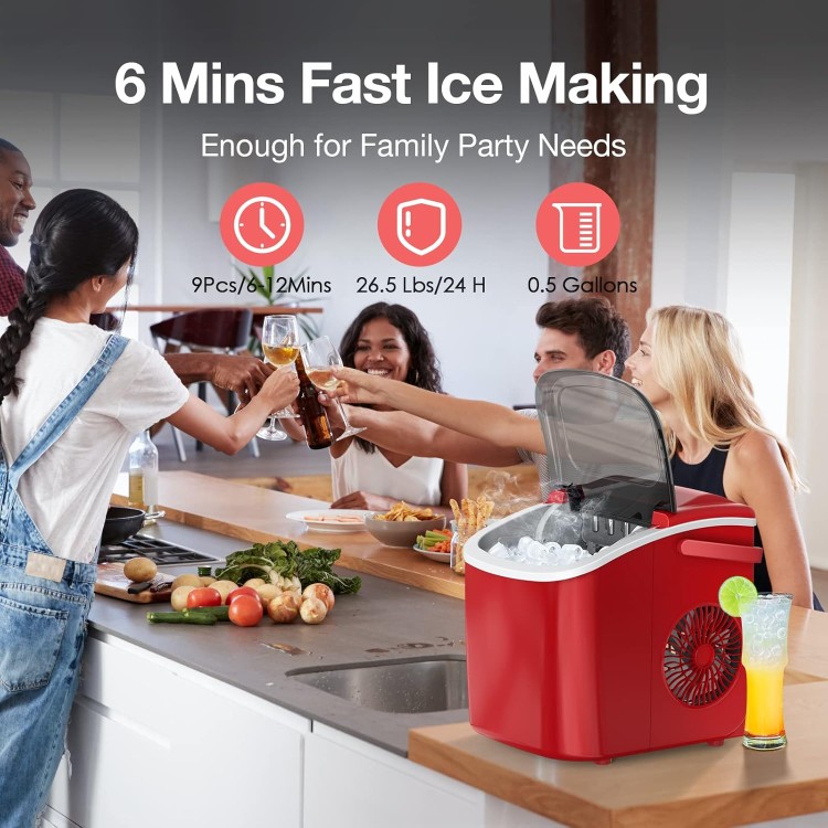 FREE VILLAGE Ice Maker Countertop, 9 Ice Cubes in 6 Mins, 26.5Lbs/Day, Portable Ice Maker Machine with Self-Cleaning, Carry Handle, Ice Scoop & Basket, Ideal for Home Kitchen Office Bar Party