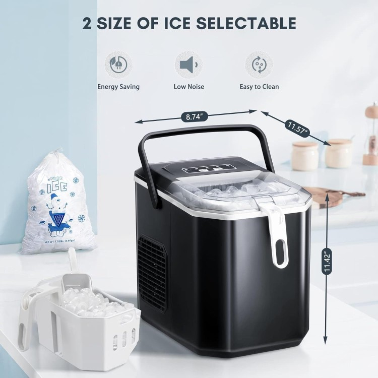 ZAFRO Countertop Ice Maker,Portable Ice Machine with Carry Handle,Self-Cleaning,Basket and Scoop,9 Cubes in 6 Mins,26.5lbs/24Hrs,2 Sizes of Bullet Ice,for Home,Kitchen,Party,Black