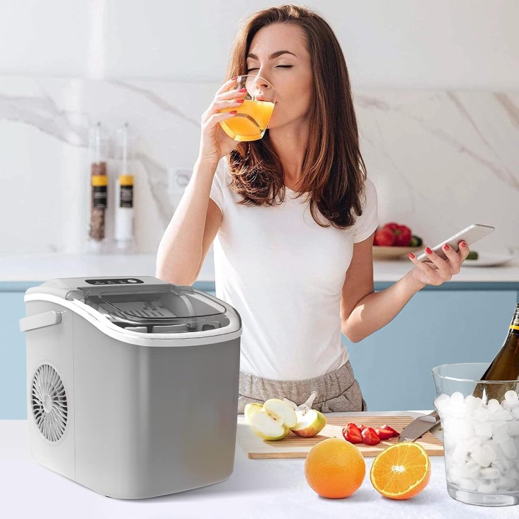 Portable Countertop Ice Maker Machine with Handle, 9 Bullet-Shaped Ice Cubes Ready in 6 Mins, 26Lbs/24H, Self-Cleaning Function with Ice Scoop and Basket for Home/Kitchen/Party (Grey)