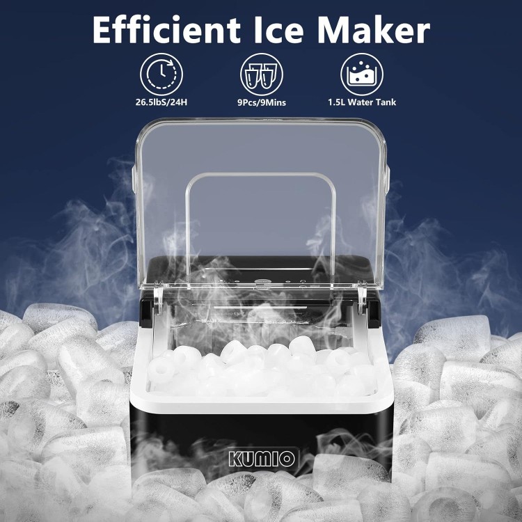 KUMIO Ice Makers Countertop, 9 Bullets Ready in 9 Mins, 26.5 Lbs/24 Hrs, Ice Machine with Self-Cleaning, Removable Ice Basket & Scoop, 2 Sizes of Bullet Ice for Kitchen Office Bar Party, Black