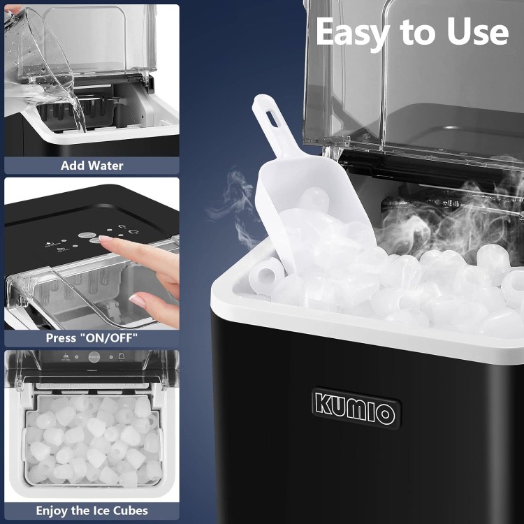 KUMIO Ice Makers Countertop, 9 Bullets Ready in 9 Mins, 26.5 Lbs/24 Hrs, Ice Machine with Self-Cleaning, Removable Ice Basket & Scoop, 2 Sizes of Bullet Ice for Kitchen Office Bar Party, Black