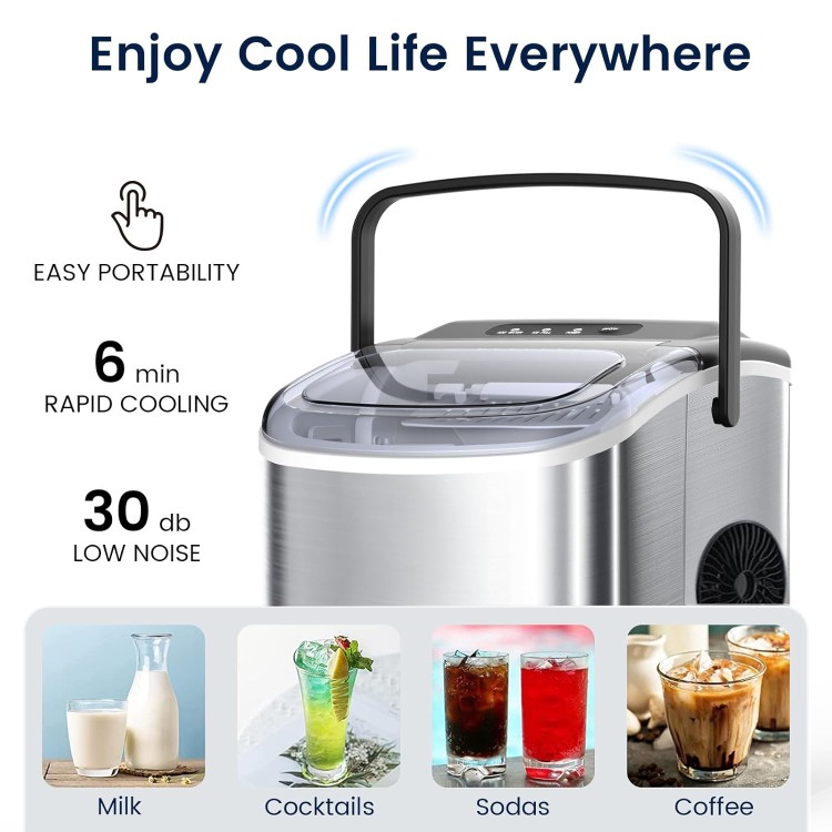 Joy Pebble Stainless Steel Ice Maker Countertop, 26Lbs/24H, 9 Cubes Ready in 6-8 Mins, Self-Cleaning Portable Ice Maker with Handle, for Home/Office/Bar (Silver)