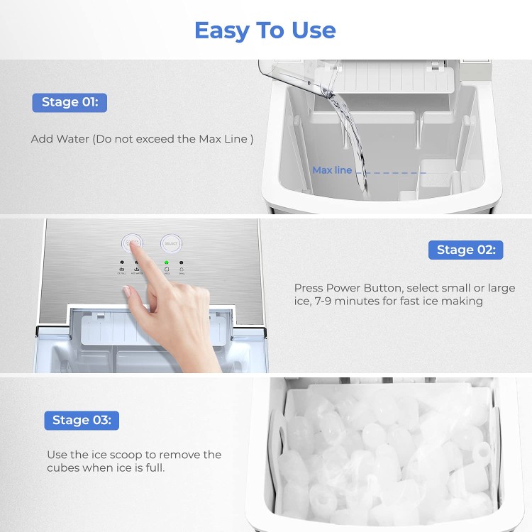 Ice Makers Countertop Self Cleaning 33Ibs | Thick Insulation Foaming Layer Heavy-Duty Stainless Steel Bullet Ice Machine | Silver