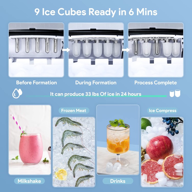 Ice Maker Machine for Countertop, Freezimer 33 lbs/24Hrs, 9 Cubes Ready in 6 Mins Self-Cleaning Electric Ice Machine with Ice Scoop and Basket for Home Kitchen Bar Party - Silver