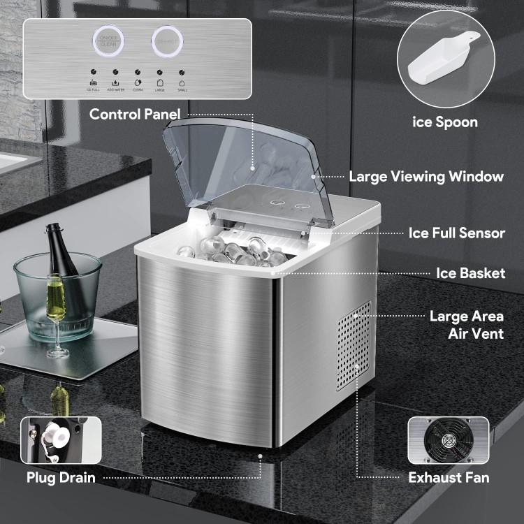 33lbs Self-Cleaning Ice Makers Countertop, Portable Ice Machine with 2 Size Bullet Ice Cubes 9 Cubes Ready in 7 Mins | Silver