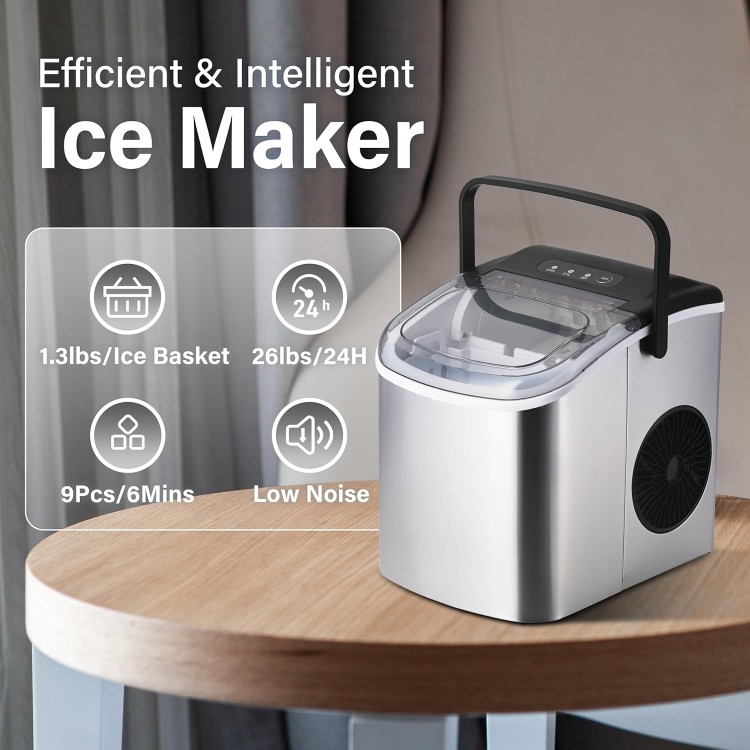 HealSmart Ice Maker for Countertop, 9 Ice Cubes Ready in 6 Mins, 26lbs Ice/24Hrs, with Self-Cleaning Feature, Ice Spoon and Basket, for Home, Kitchen, Camping, Party, Silver