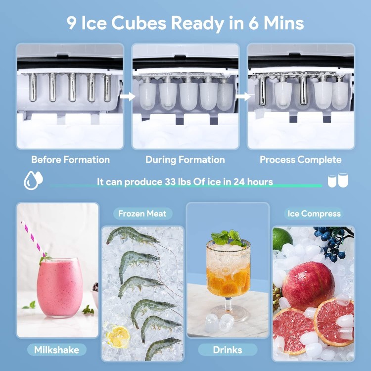 33lbs Self-Cleaning Ice Makers Countertop, Portable Ice Machine with 2 Size Bullet Ice Cubes 9 Cubes Ready in 7 Mins | Silver