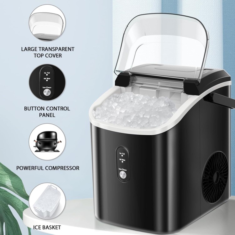 Nugget Countertop Ice Maker with Soft Chewable Pellet Ice,Pebble Portable Ice Machine with Ice Scoop, 34lbs in 24 Hours, Self-Cleaning, Sonic Ice, One-Click Operation, for Kitchen,Office Black