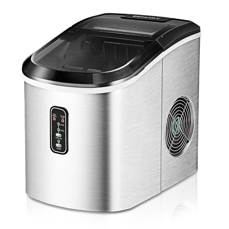 EUHOMY Ice Maker Machine Countertop, 26 lbs in 24 Hours, 9 Cubes Ready in 8 Mins, Electric ice maker and Compact potable ice maker with Ice Scoop and Basket. Perfect for Home/Kitchen/Office.(Sliver)