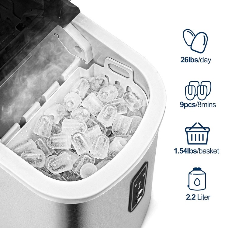 EUHOMY Ice Maker Machine Countertop, 26 lbs in 24 Hours, 9 Cubes Ready in 8 Mins, Electric ice maker and Compact potable ice maker with Ice Scoop and Basket. Perfect for Home/Kitchen/Office.(Sliver)