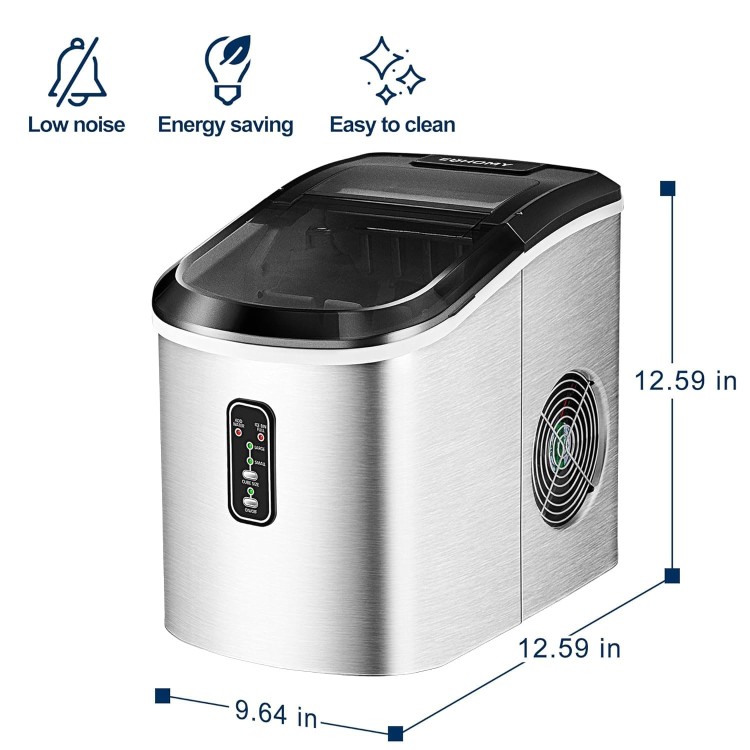 EUHOMY Ice Maker Machine Countertop, 26 lbs in 24 Hours, 9 Cubes Ready in 8 Mins, Electric ice maker and Compact potable ice maker with Ice Scoop and Basket. Perfect for Home/Kitchen/Office.(Sliver)