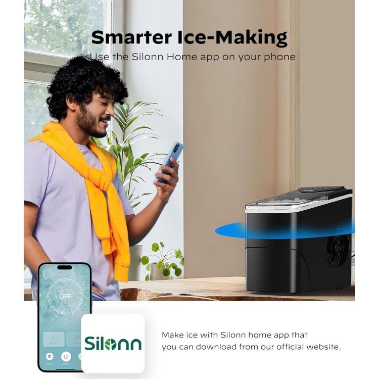 Silonn Smart Countertop Ice Maker - Compact Ice Maker with App Control, 9 Cubes in 6 Mins, 26 lbs per Day, 2 Ice Cube Sizes, Portable Ice Maker with Self-Cleaning for Kitchen/Office