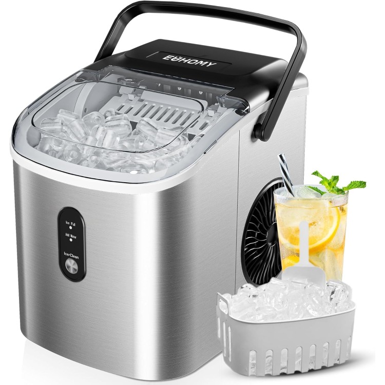 EUHOMY Countertop Ice Maker Machine with Handle, 26.3lbs Per Day, 9 Cubes in 6 Mins, Auto-Cleaning Portable Ice Maker with Basket and Scoop, for Home/Kitchen/Camping/RV (Silver)