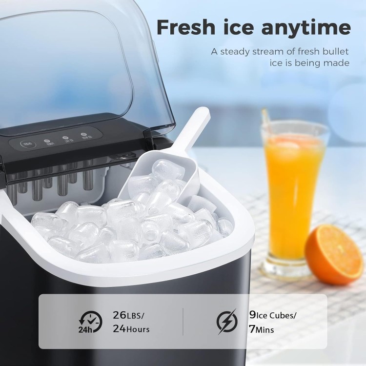 Kismile Ice Makers Countertop,Portable Ice Maker Machine with Handle,26Lbs/24H,9 Bullet Ice Ready in 6 Mins,Self-Cleaning Ice Maker with Ice Scoop and Basket for Home Office Kitchen (Black)