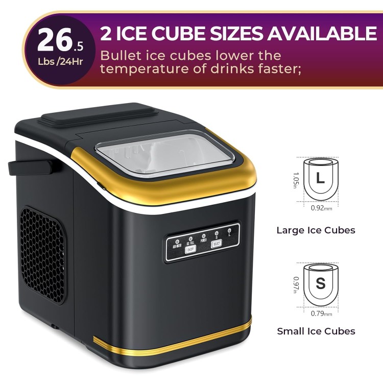 R.W.FLAME Countertop Ice Maker 9 Bullet Ice Cubes in 6 Mins, 26.5lbs/24Hrs, Ice Maker Machine with Self-Cleaning, Basket and Scoop for Home Office Kitchen Bar Party, Black