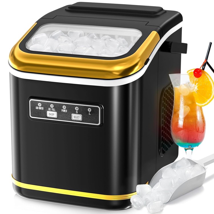 R.W.FLAME Countertop Ice Maker 9 Bullet Ice Cubes in 6 Mins, 26.5lbs/24Hrs, Ice Maker Machine with Self-Cleaning, Basket and Scoop for Home Office Kitchen Bar Party, Black