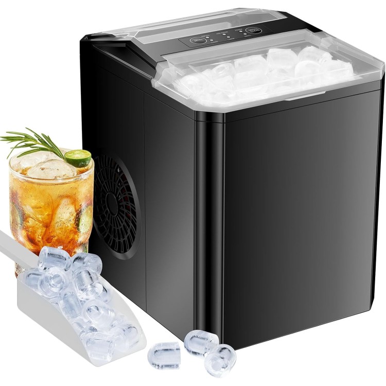 Sweetcrispy Countertop Ice Maker, Portable Ice Machine Self-Cleaning, 9 Cubes in 6 Mins, 26 lbs/24Hrs, 2 Sizes of Bullet Ice for Home Party Office, Black