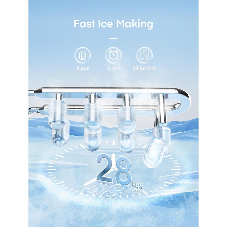 Countertop Ice Maker with Handle, 28lbs in 24H, 2 Sizes of Bullet Ice, Portable Ice Maker Self-Cleaning, Ice Ready in 6 Mins, Ice Scoop & Basket, Ice Maker Machine for Home/Kitchen/Camping/RV