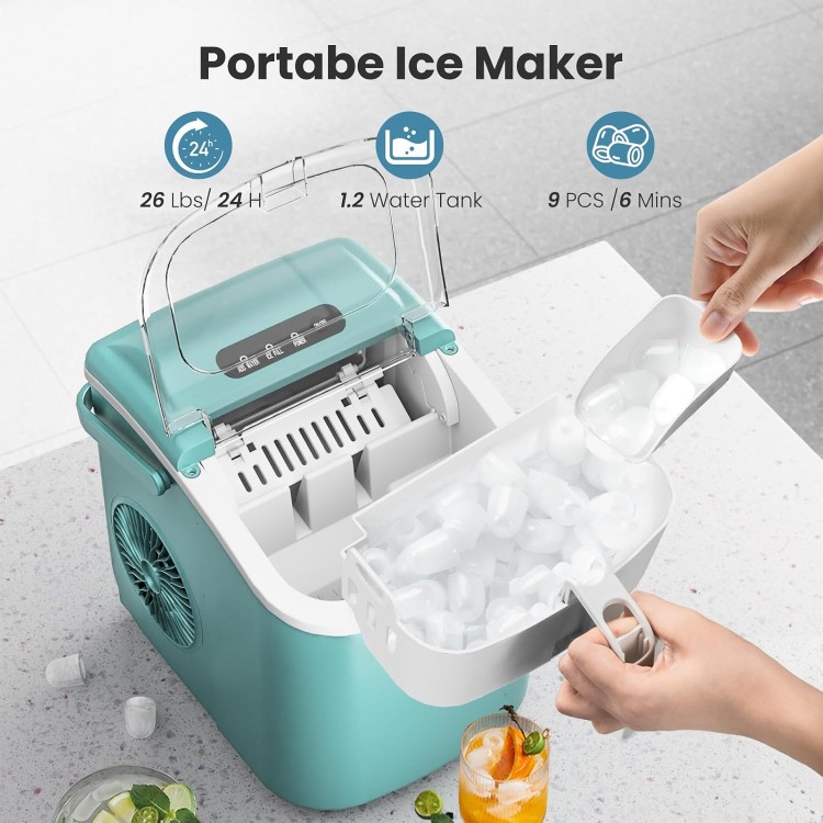 AGLUCKY Ice Makers Countertop,Portable Ice Maker Machine with Handle,Self-Cleaning Ice Maker, 27Lbs/24H, 9 Ice Cubes Ready in 6 Mins, with Ice Scoop and Basket, for Home/Office/Kitchen (Green)