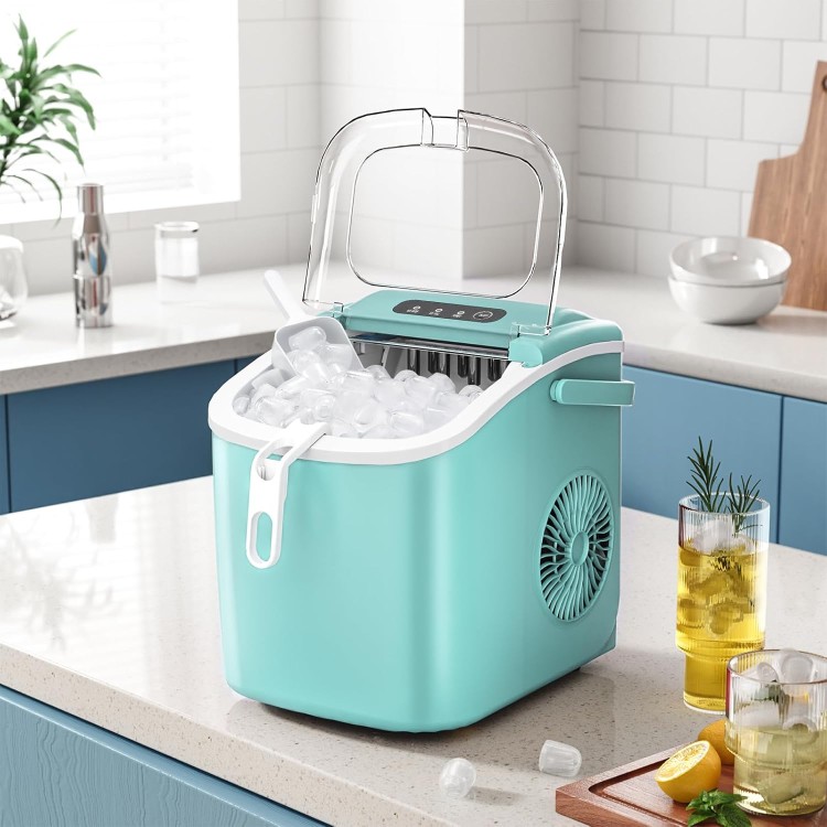 AGLUCKY Ice Makers Countertop,Portable Ice Maker Machine with Handle,Self-Cleaning Ice Maker, 27Lbs/24H, 9 Ice Cubes Ready in 6 Mins, with Ice Scoop and Basket, for Home/Office/Kitchen (Green)