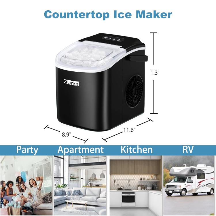 Countertop Ice Maker, Ice Maker Machine 6 Mins 9 Bullet Ice, 26.5lbs/24Hrs, Portable Ice Maker Machine with Self-Cleaning, Ice Scoop, and Basket (Black)