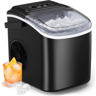 Silonn Countertop Ice Maker, 9 Cubes Ready in 6 Mins, 26lbs in 24Hrs, Self-Cleaning Ice Machine with Ice Scoop and Basket, 2 Sizes of Bullet Ice for Home Kitchen Office Bar Party, Black