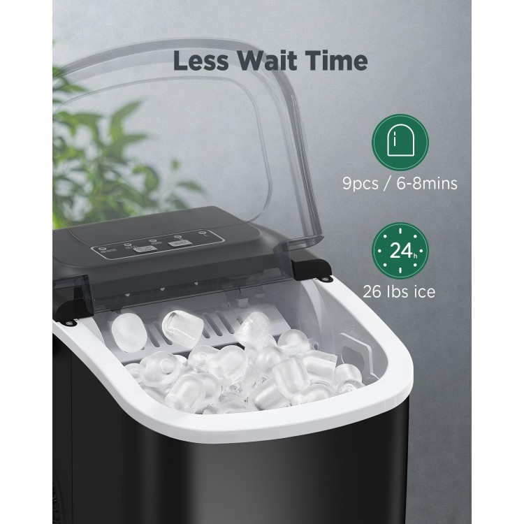 Silonn Countertop Ice Maker, 9 Cubes Ready in 6 Mins, 26lbs in 24Hrs, Self-Cleaning Ice Machine with Ice Scoop and Basket, 2 Sizes of Bullet Ice for Home Kitchen Office Bar Party, Black