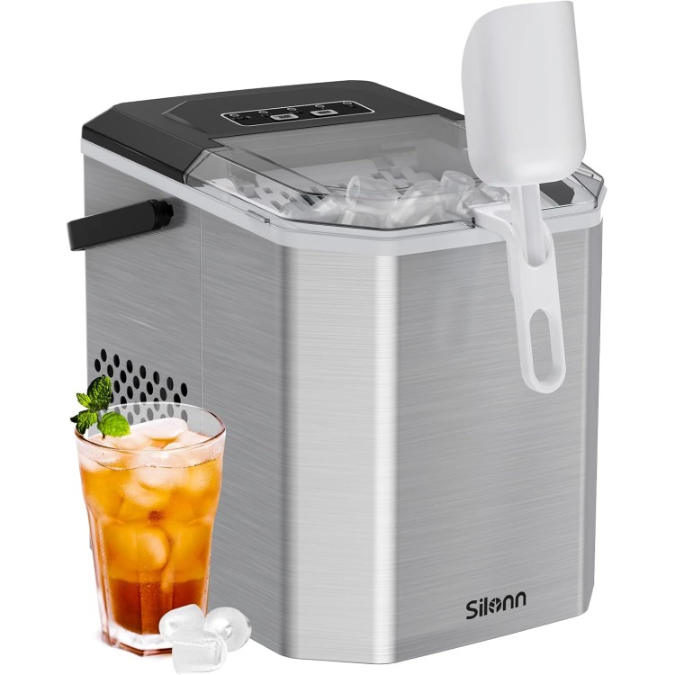 Silonn Ice Maker Countertop, Stainless Steel Portable Ice Machine with Carry Handle, Self-Cleaning Ice Makers with Basket and Scoop, 9 Cubes in 6 Mins, 26 lbs per Day