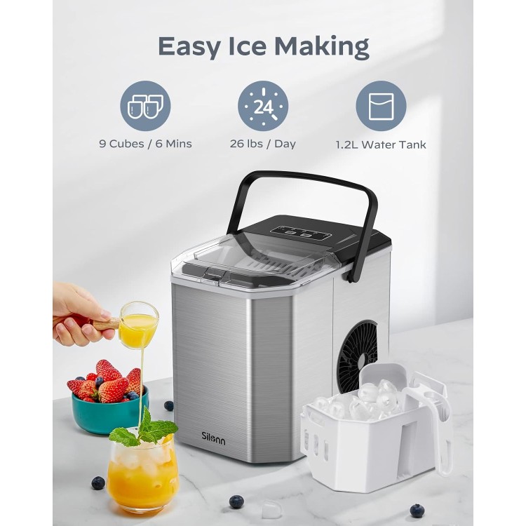 Silonn Ice Maker Countertop, Stainless Steel Portable Ice Machine with Carry Handle, Self-Cleaning Ice Makers with Basket and Scoop, 9 Cubes in 6 Mins, 26 lbs per Day