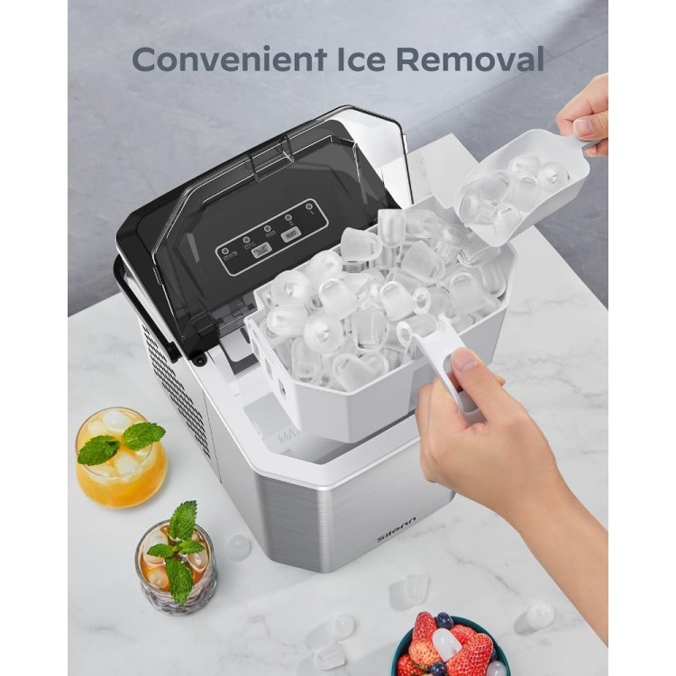 Silonn Ice Maker Countertop, Stainless Steel Portable Ice Machine with Carry Handle, Self-Cleaning Ice Makers with Basket and Scoop, 9 Cubes in 6 Mins, 26 lbs per Day