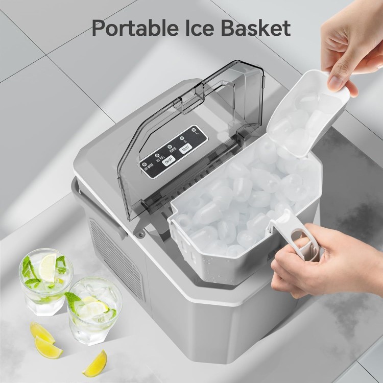 Crzoe Ice Makers Countertop, Ice Machine with Handle, 26Lbs in 24Hrs, 9 Cubes Ready in 6 Mins, Self-Cleaning Portable Ice Maker, 2 Sizes of Bullet Ice Cubes for Home and Office(Grey)