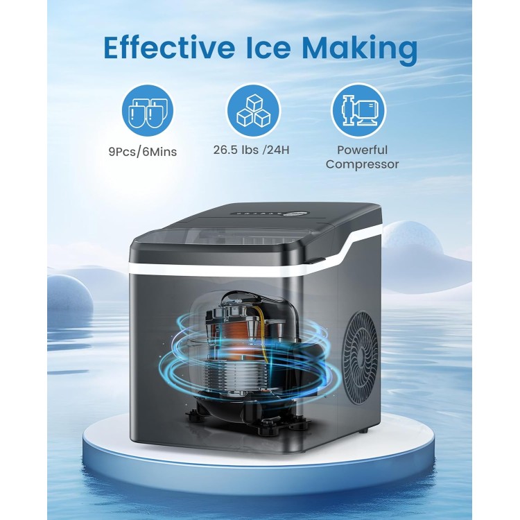 COWSAR Ice Makers Countertop, 26.5lbs/24H, 9 Bullet Ice Cubes in 6 Mins, Self-Cleaning Ice Makers with Basket and Scoop, 2 Sizes of Bullet Ice, Ideal for Home/Kitchen/Party/Camping, Black