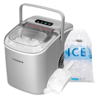 VIVOHOME Electric Portable Compact Countertop Automatic Ice Cube Maker Machine with Handle Hand Scoop 10 Ice Bags and Self Cleaning Function 26lbs/Day Silver